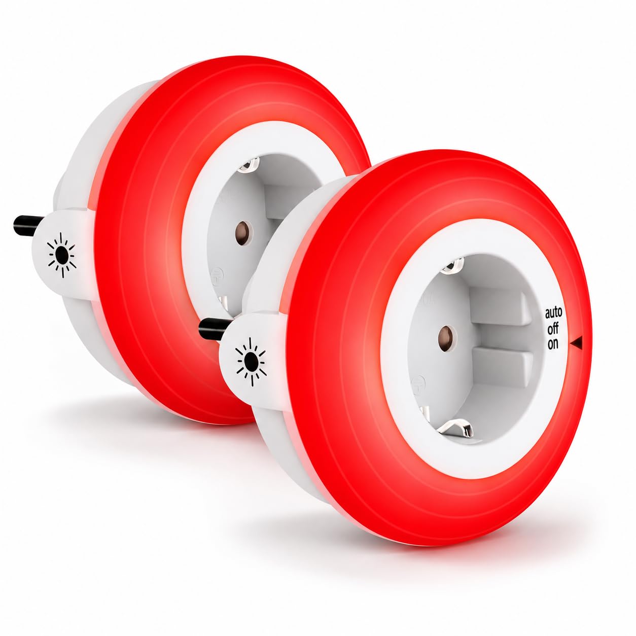 Luz Roja Nocturna Melatonina con Enchufe – Sensor Oscuridad – 0% Luz Azul – Brillo Regulable – Dormir, Bebés y Lactancia – ON/AUTO/OFF – Pack 2