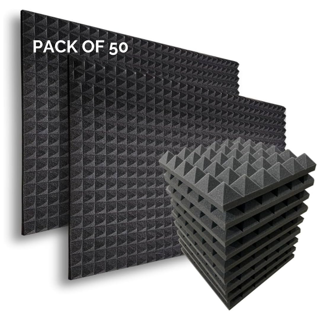 Pyramid Acoustic Foam Panels | Studio Soundproofing and Noise Reduction | DIY Acoustic Panels Room Acoustics | 12" x 12" x 2" (Charcoal Black) (Set of 50)