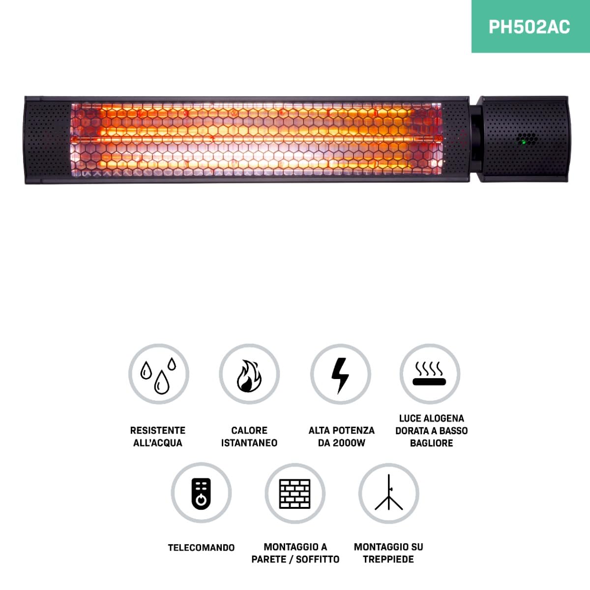 VONROC Stufa riscaldante a infrarossi 2000W da esterno 2 livelli di calore Telecomando Nero