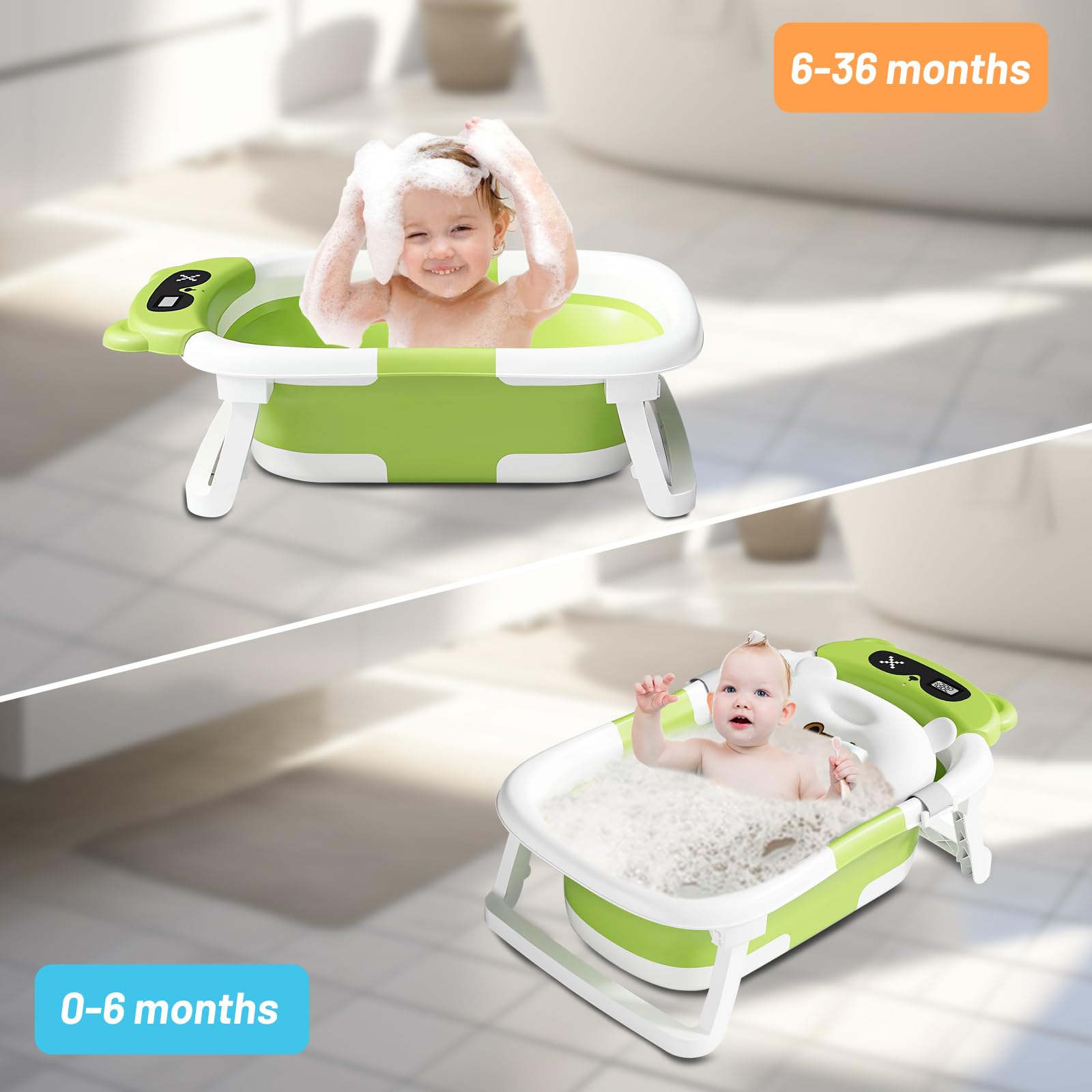Baignoire Bébé Pliable avec Coussin de Bain et Thermomètre Intégré, Bouchon d'Évacuation, Vert Ours