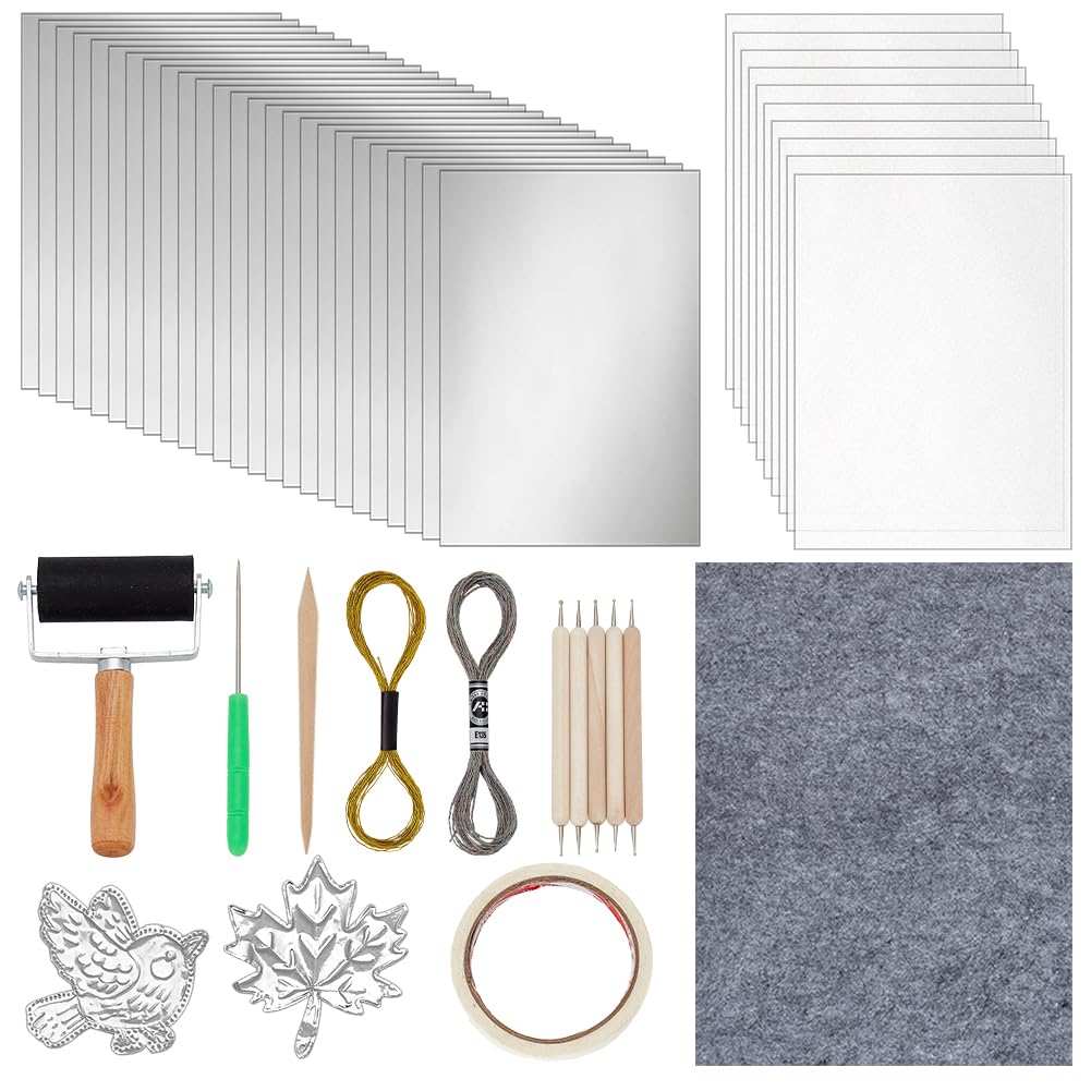 OLYCRAFT 20Pcs Foil Paper Art Foils Sheet 30x20cm Silver Foils Sheets Tinfoil Flashing Metals Sheet with Embossing Tools and Calligraphy Pad for DIY Crafts Painting Embossing Gilding Crafting