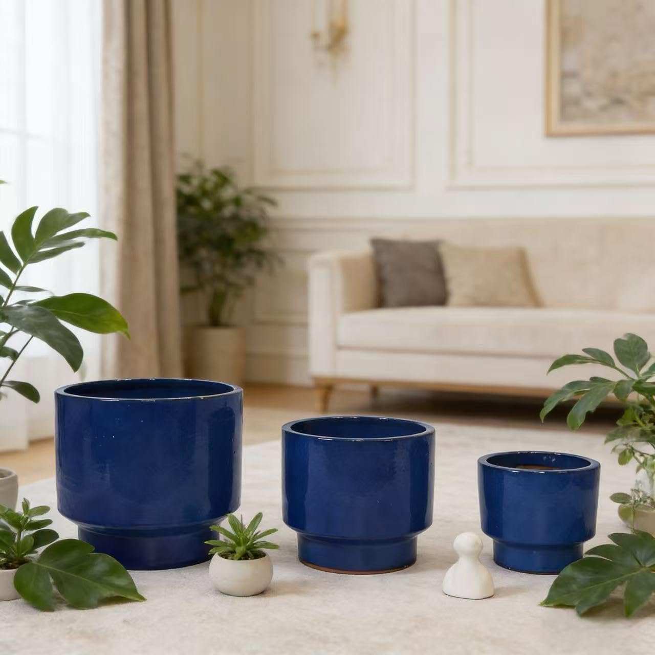 3er-Set Keramik Blumentöpfe Handgefertigt, Durchmesser 38.1/30.5/22.9 cm, Pflanzkübel Groß Außen mit Drainage für Innen und Außen, Terrasse, Gartendeko für Draußen Wetterfest, Blau Glasierte