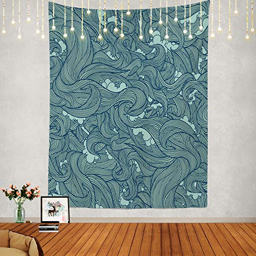 Shrahala Japanese Illustration Wall Tapestry, Blue Ocean Plain Paisley Navajo Teal Wall Hanging Large Tapestry Decoration Polyester Fiber White Hem Around