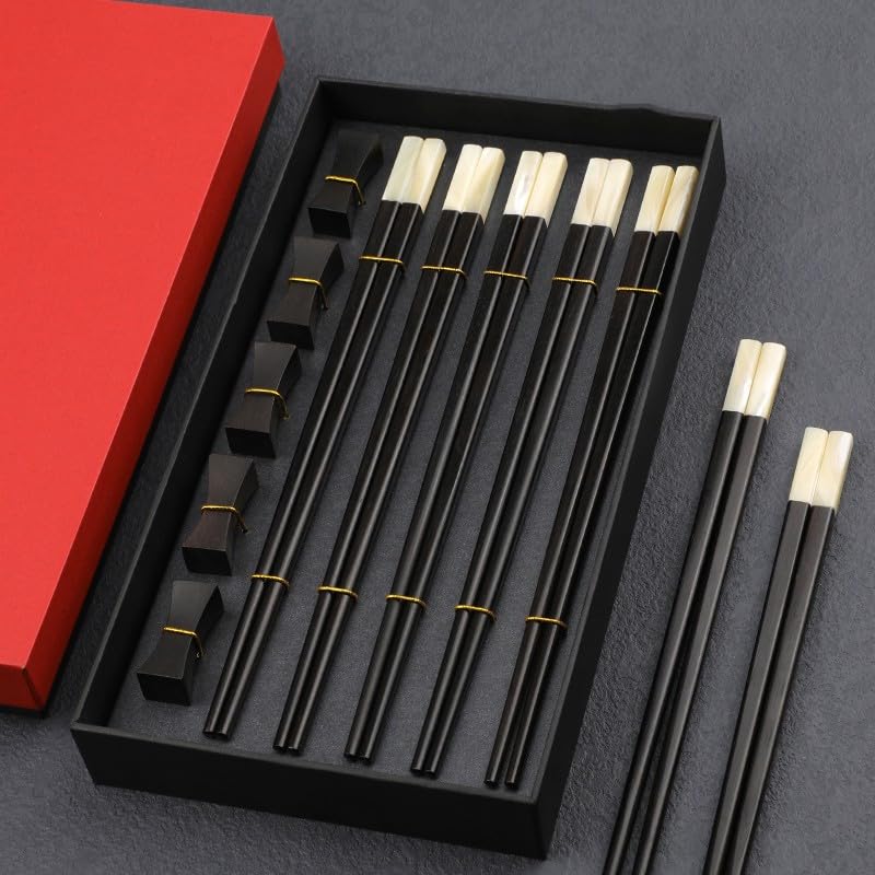 SHENBOBOBO Palillos reutilizables, palillos cuadrados de ébano, palillos con incrustaciones de concha brillante, adecuados para principiantes(Color:Five Pairs)