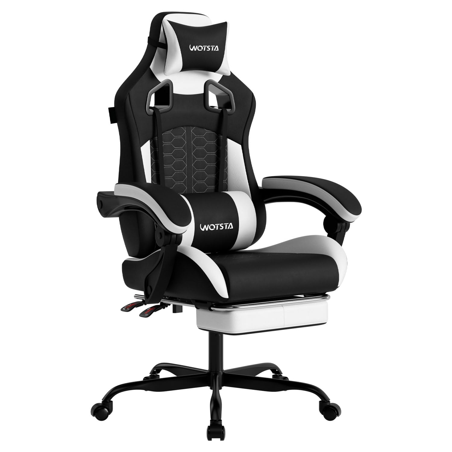 Gaming Chair with Massage,Ergonomic PC Gaming Chair with Footrest Comfortable Headrest and Lumbar Support,High Back PVC Leather,300LBS (Black White)