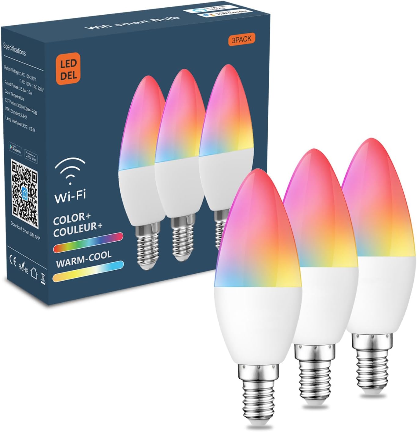 XFOX Smart Candelabra LED Bulbs 40 Watt Equivalent, 300lm, E12 LED Bulb Compatible with Alexa/Google Assistant/Smart Life, No Hub Required, Dimmable, 2.4GHz WiFi Only, 3 Pack, C37-3