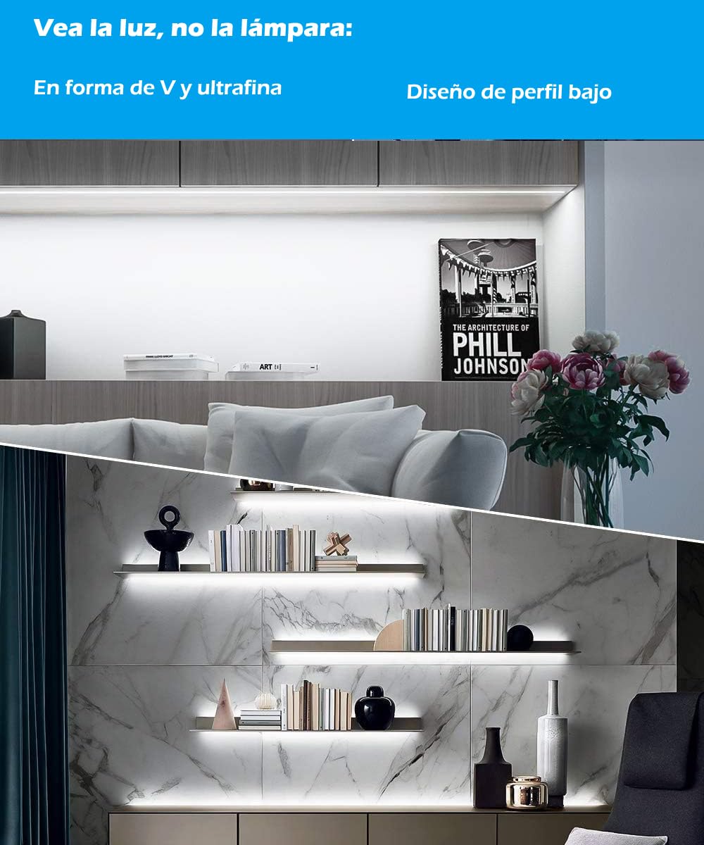 Kit de iluminación bajo el armario en forma de V - 4pcs Barras de luz LED regulables más elegantes de 30cm para iluminación perfecta de estanterías de vitrinas - 1200lm, 12W - Blanco puro (6000K)