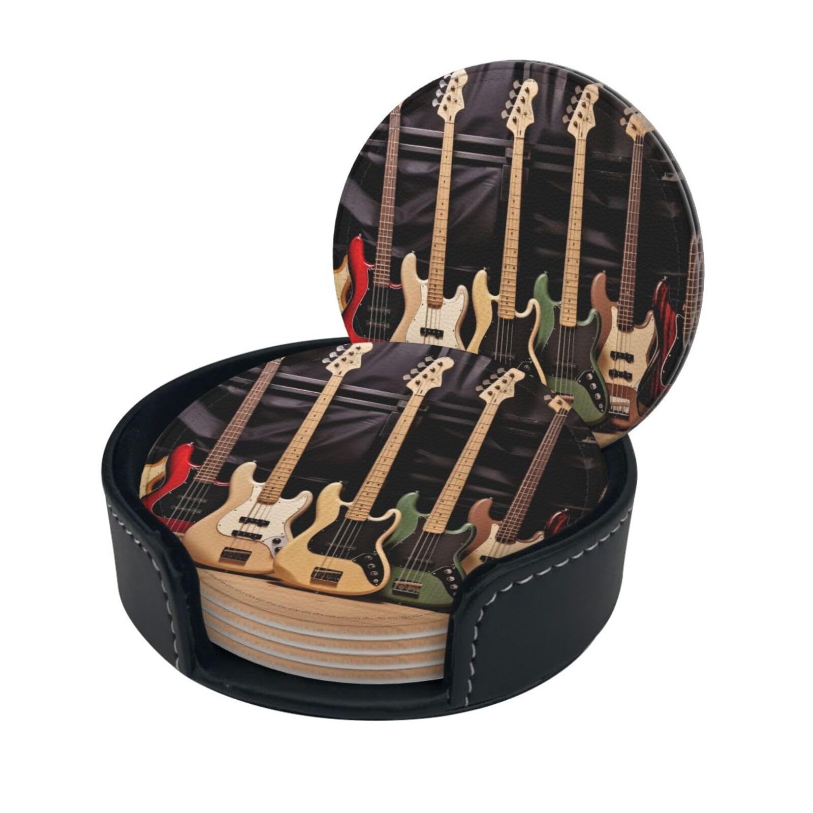 Stylish Coasters - Guitar Bass Music Musical Instruments Set of 6 Round Leather Drink Coasters with Holder - Perfect Size for Cups and Glasses