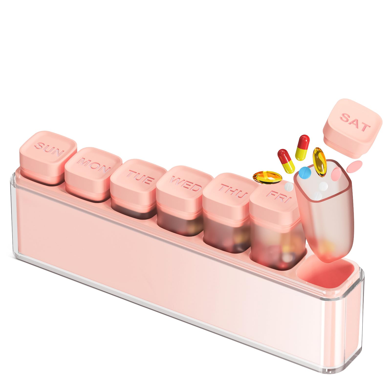 Weekly Pill Organizer 1 Time a Day, HIONXMGA Portable Detachable Travel Pill Box 7 Day, Large Once Daily Pill Holder Case, Color-Coded Dispenser for Vitamin Medicine Supplement Fish Oil, Pink