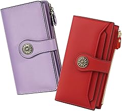 Travelambo Wallets Women RFID Large Capacity Luxury Waxed Leather Clutch Wallet Multi Card Organizer (Light Purple + Red)