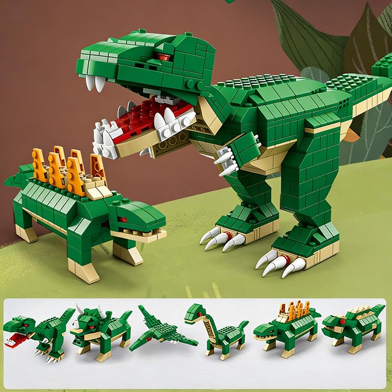 Image of SKY LINE OCEAN Dinosaur Building Blocks Set - 1000+ PCS Large Green T-Rex Construction Toy, STEM Creative Bricks Kit for Kids & Adults, Educational DIY Model Gift for Ages 6+