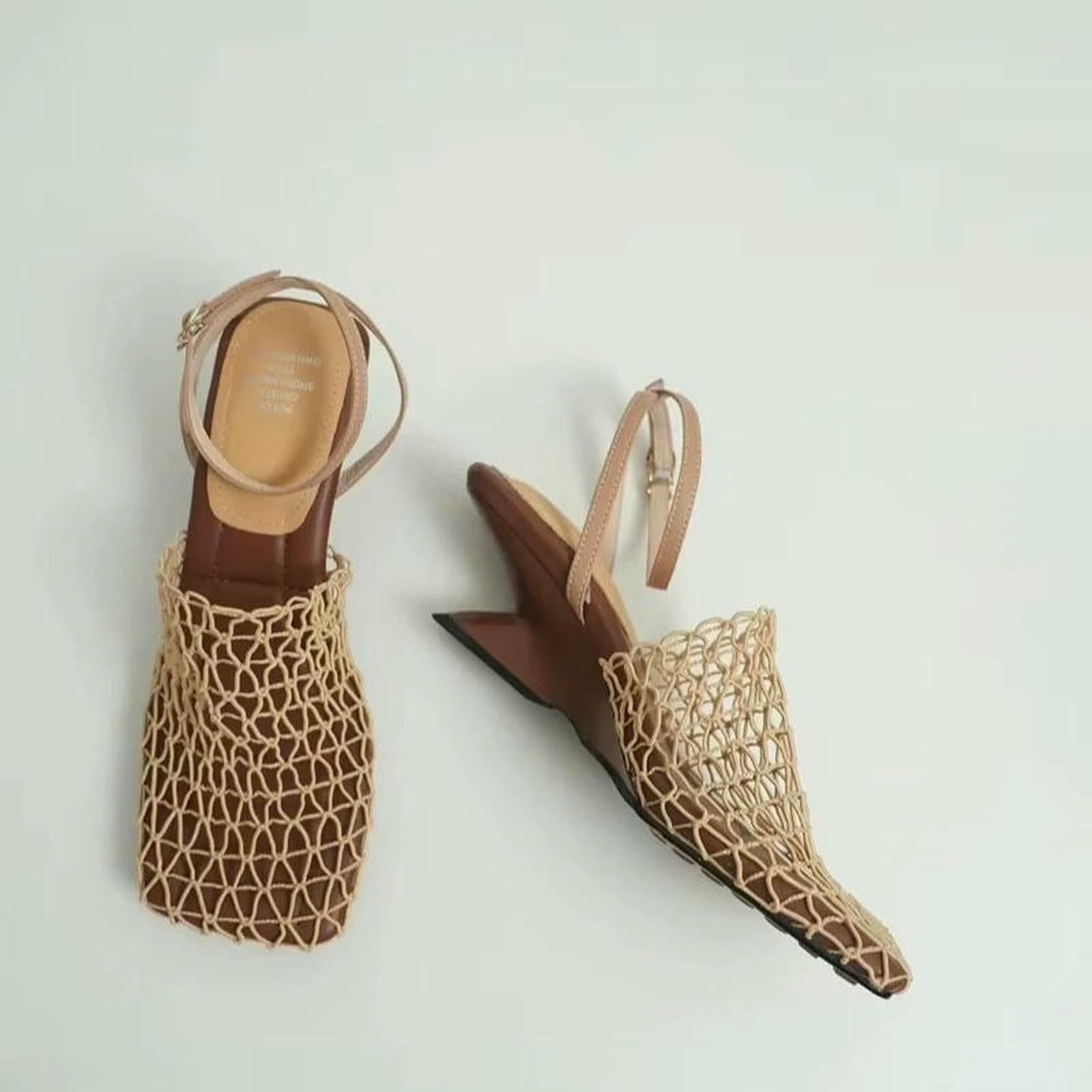 Sandały dla kobiet Letni Projektant Damskie Koronkowe Siatki Plac Toe Shallow Wąski Pasek Braided Slip-On Wysokie Obcasy Sandały-Ariot-40