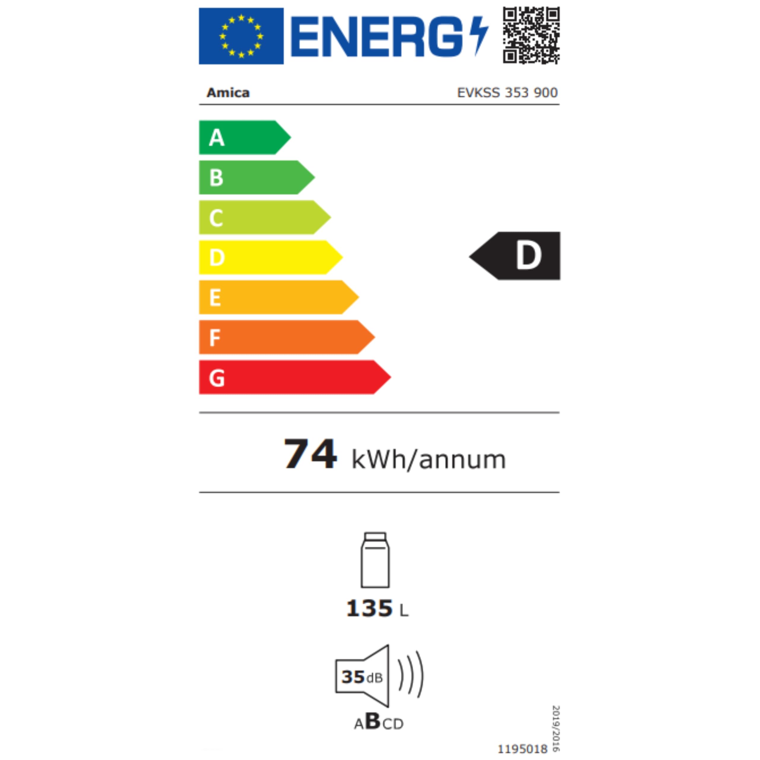 Amica Einbau Kühlschrank 135 L 87,1x54x54 cm EVKSS 353 900 | 880 mm Nische, Schlepptür-Technik, Inverter Kompressor, Elektronische Steuerung, Tür-Offen-Alarm, LED Beleuchtung