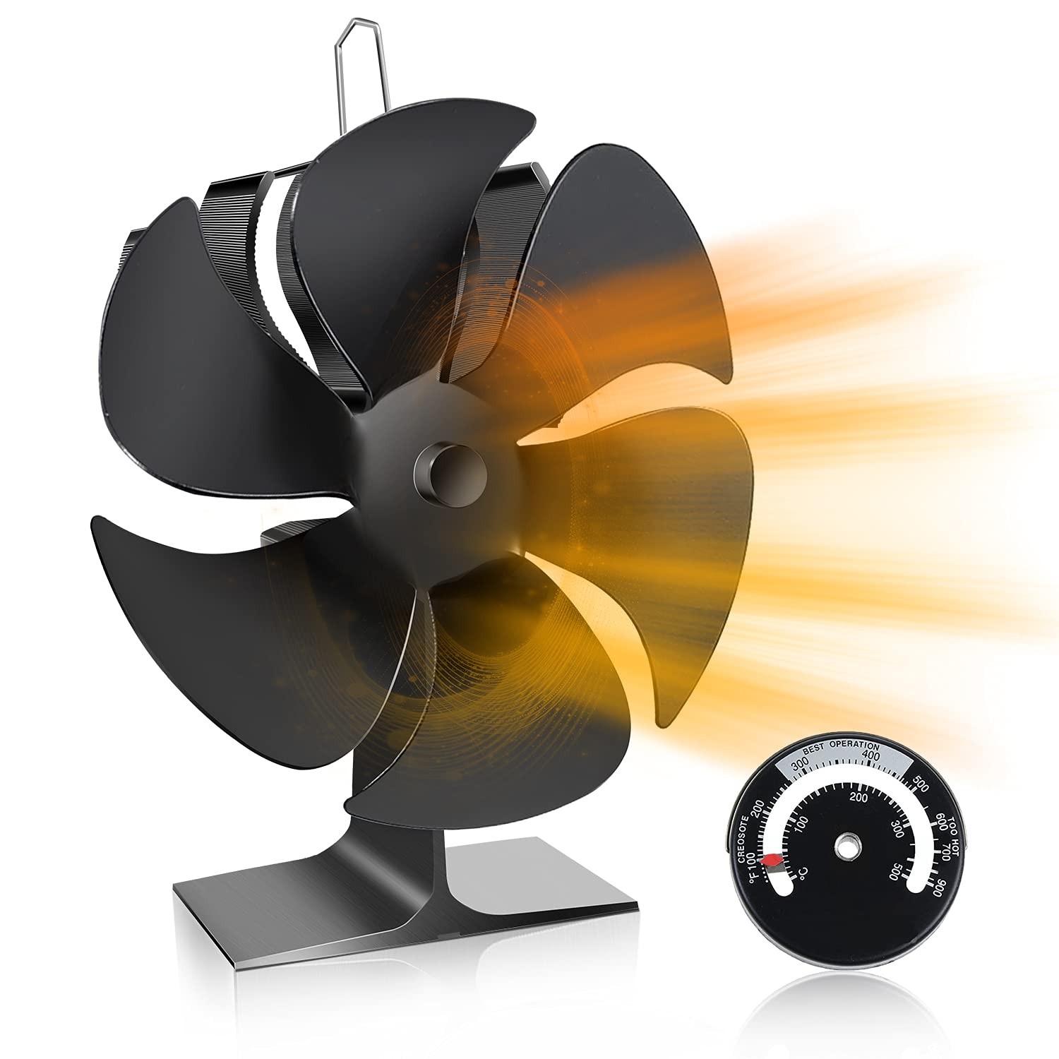 6 Blades Heat Powered Stove Fan,Auto-sensing Silent Wood Burning Stove fan for Wood/Log Burner/Fireplace,Eco Friendly Fireplace fan with Magnetic Thermometer (L Size)