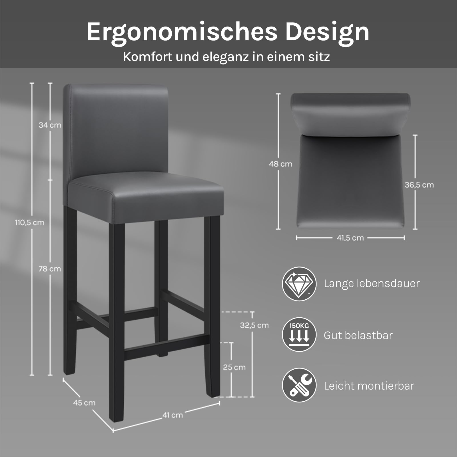 WOLTU Barhocker 2er Set, mit Lehne, Massivholz+Kunstleder, Grau