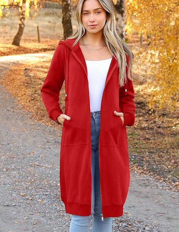 Zeagoo 2024 Long Women's Zip Up Y2K Hoodies Casual Long Sleeve Long Jackets With Pockets Dark Pink