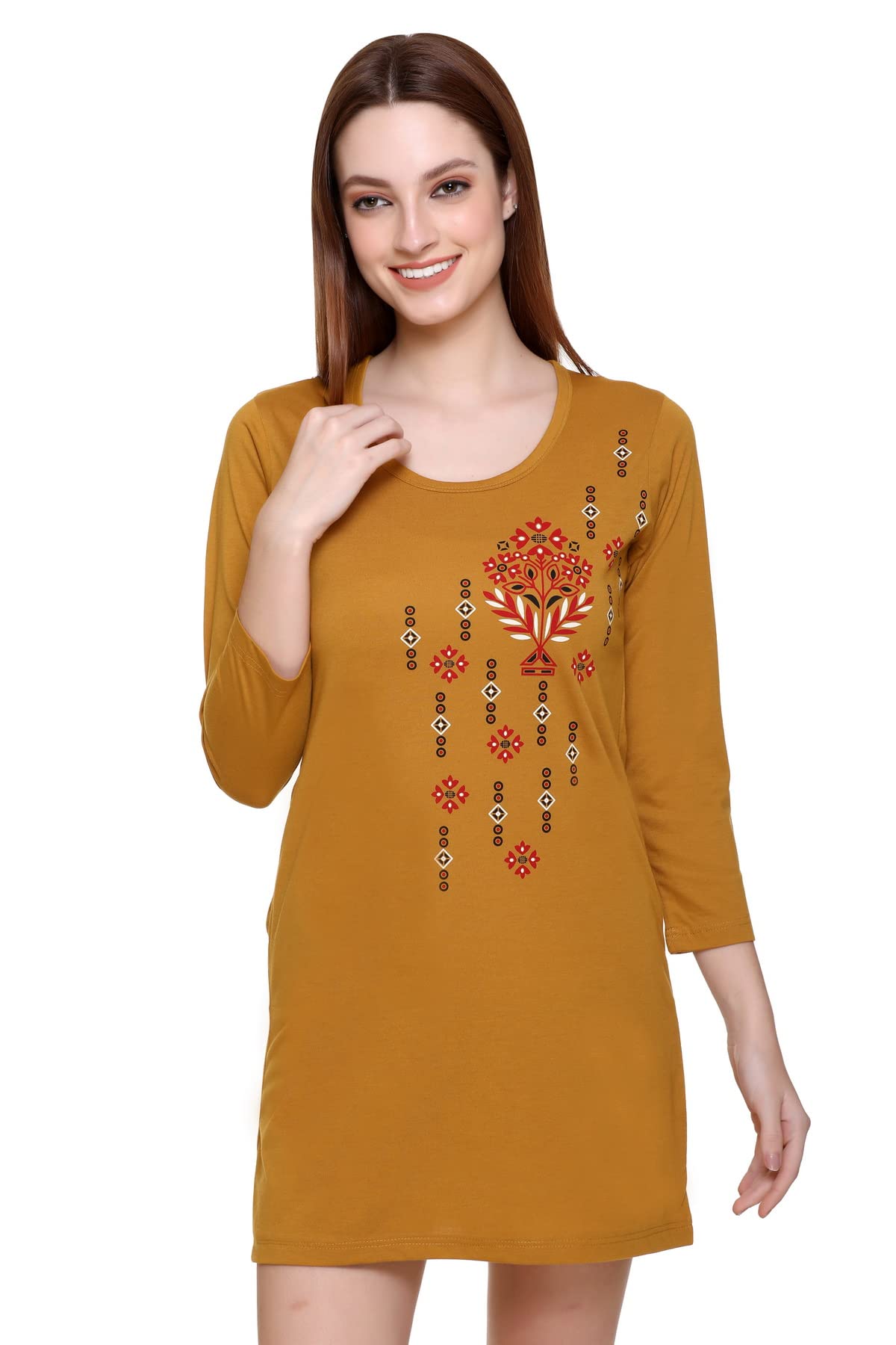 RYSH Women's Cotton blend Geometric Print Knee Length T-Shirt Night Dress Without Slit