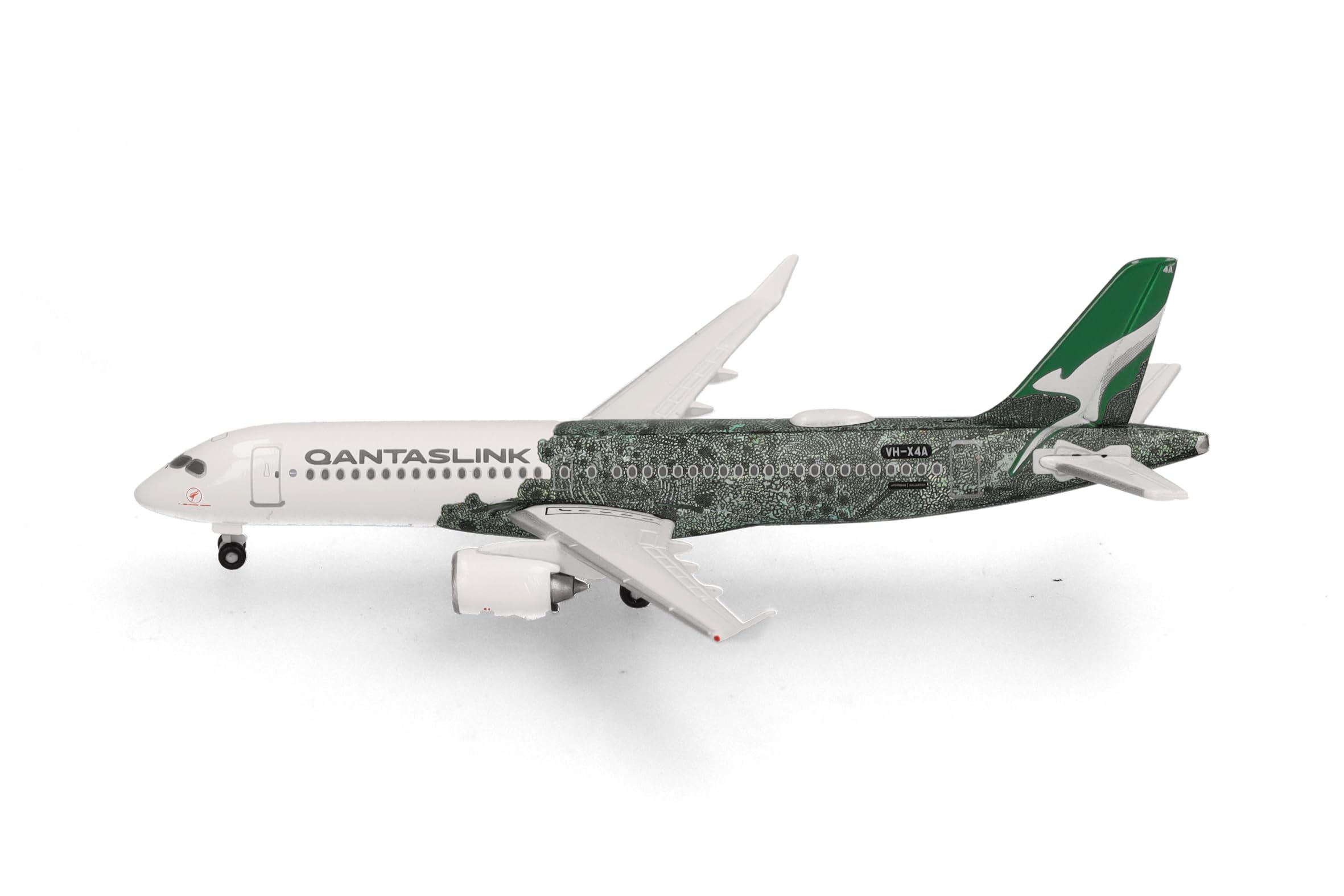 Herpa Modellino aereo QantasLink Airbus A220-300 – Flying Art Series/Minyma Kutjara Tjukurpa, miniatura in scala 1:500, pezzo da collezione, modello di aereo senza base, metallo