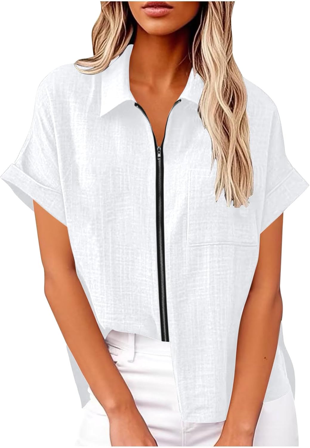 Womens Summer Shirts Trendy Lapel Collar Short Sleeves Full Zipper Blouses with Pockets Linen Solid Color Tops