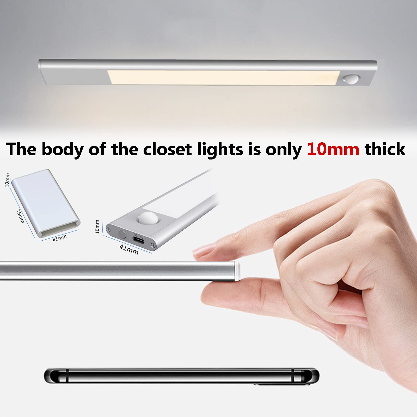 Luz Armario, Luces LED Sensor De Movimiento, Luz De Dormitorio Con Cinta Adhesiva Magnética, 64/104/124LED Luz Inalambrica USB Recargable Para Cocina Escaleras Bajo Armario Pasillo,40cm