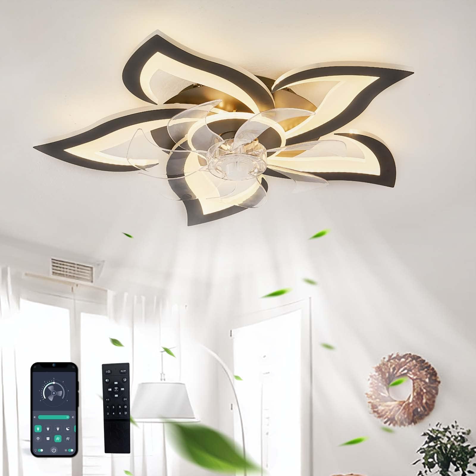 Ventilateur Plafond Avec Lumière LED Silencieux Dimmable DC Réversible 6 Vitesses Télécommande Noir