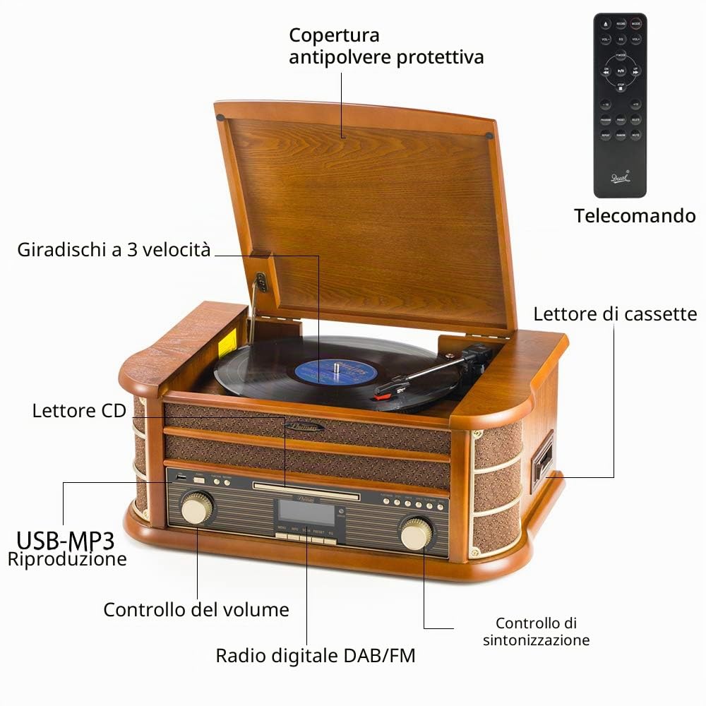 Shuman Vintage Centro Musicale Wireless 9-in-1 con Telecomando, Radio DAB Digitale/FM, Giradischi a 3 Velocità, Lettore CD/Cassetta, Riproduzione/Registrazione USB, Uscita RCA (MC-250DBT)