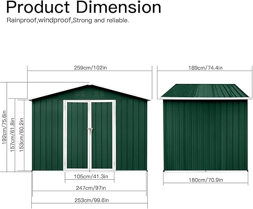 Miniatura 5 de Cobertizo de almacenamiento de metal para exteriores de 8 x 6 pies, casa de almacenamiento de acero galvanizado impermeable, puertas con doble