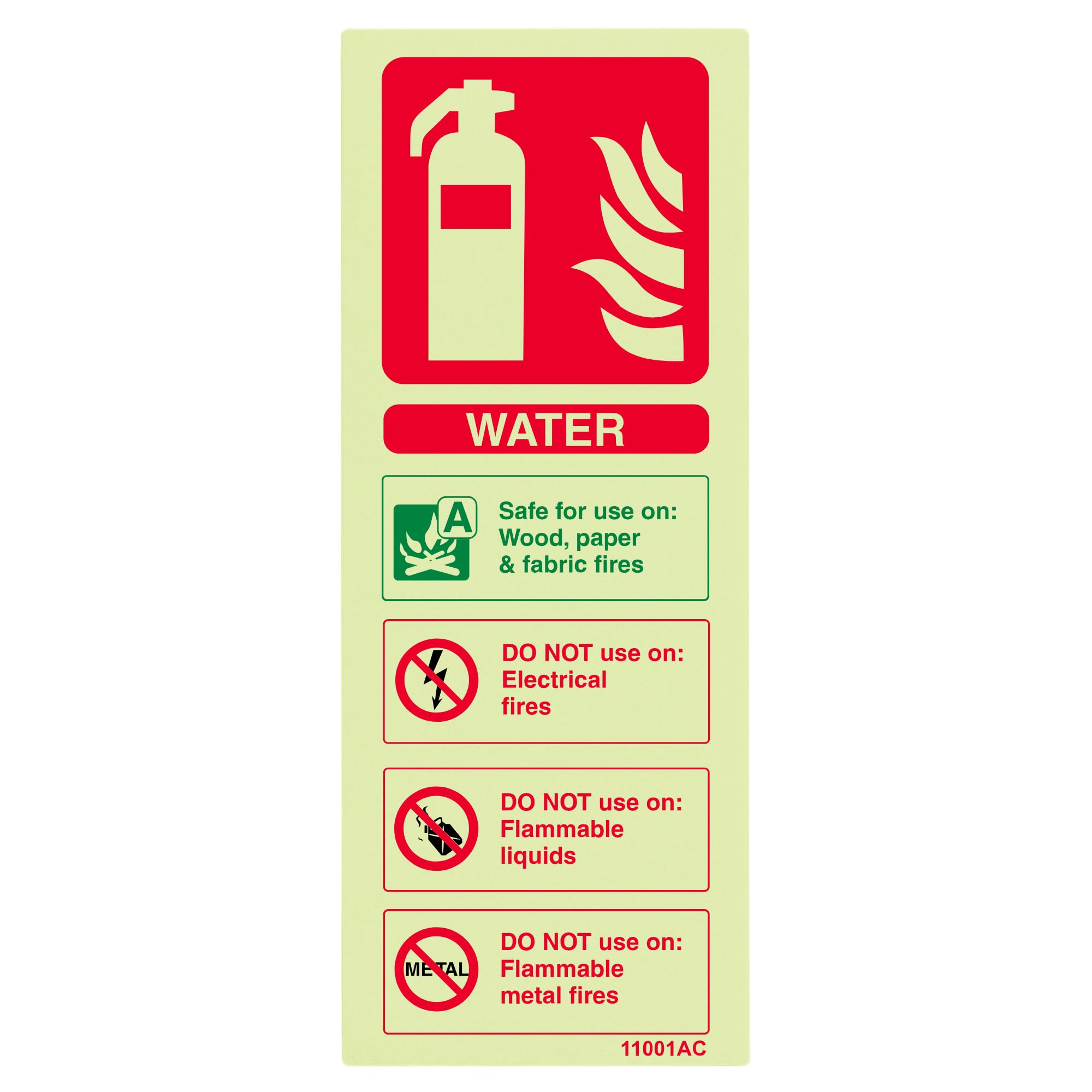 V Safety Glow-in-the-Dark Water Fire Extinguisher Sign – 75×200 mm Rigid Plastic – ISO 7010 Compliant Fire Safety Signage – Photoluminescent Wall Label for Workplace & Building Fire Points