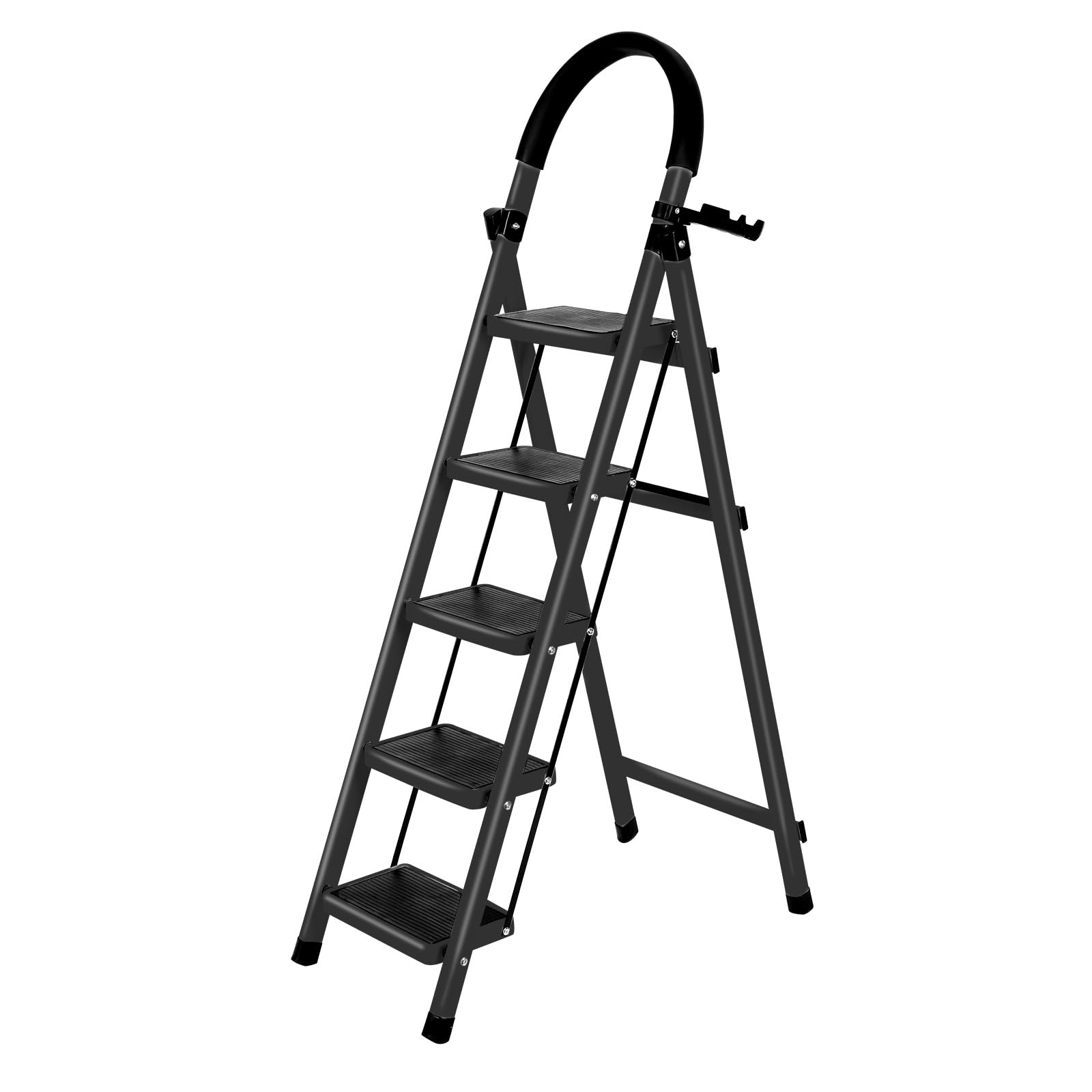 Échelle Compacte avec Poignée en Caoutchouc, Escabeau 5 Marches Pliable, Design Antidérapant, Fabriquée en Acier Alliage de Haute Qualité, Charge Maximale 150kg, 152 x 87 x 39 cm - 5 marches (Noir)