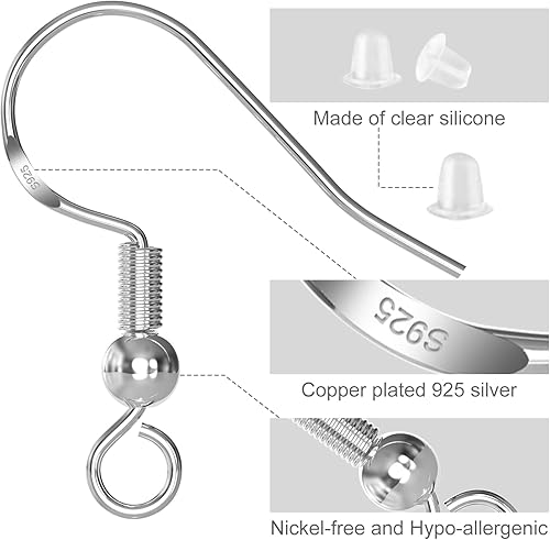 Miniatura 3 de Ganchos para aretes, kit de 450 piezas de fabricación de aretes con 150 piezas75 pares de ganchos hipoalergénicos de plata de ley 925, 150 piezas de