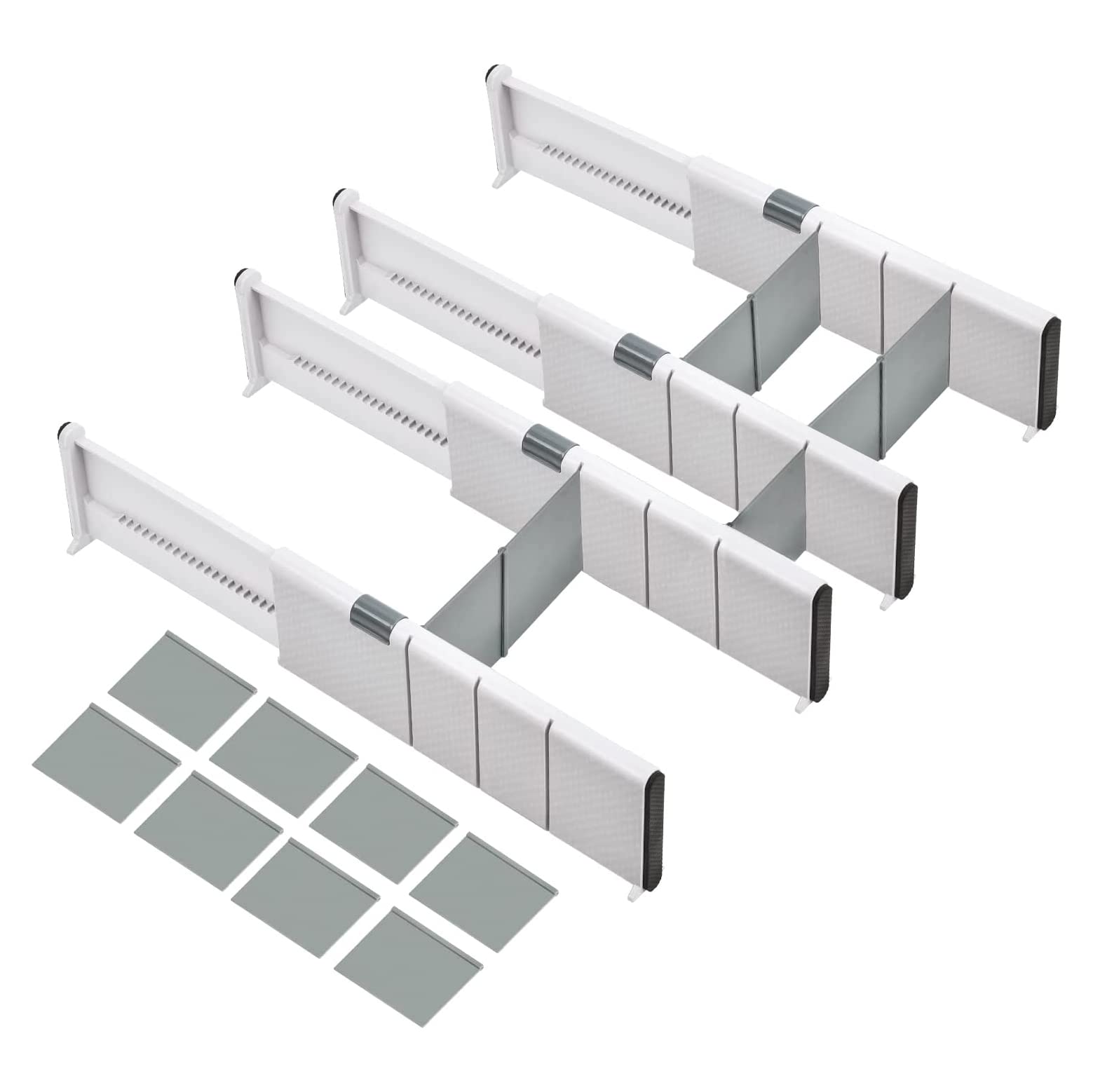 Exrp Drawer Dividers Organizer 4 Pack, Adjustable Separators with 8 Inserts 10cm High Expandable from 28-44.5cm for Bedroom, Bathroom, Closet, Clothing, Office, Kitchen, Strong Secure Hold, White