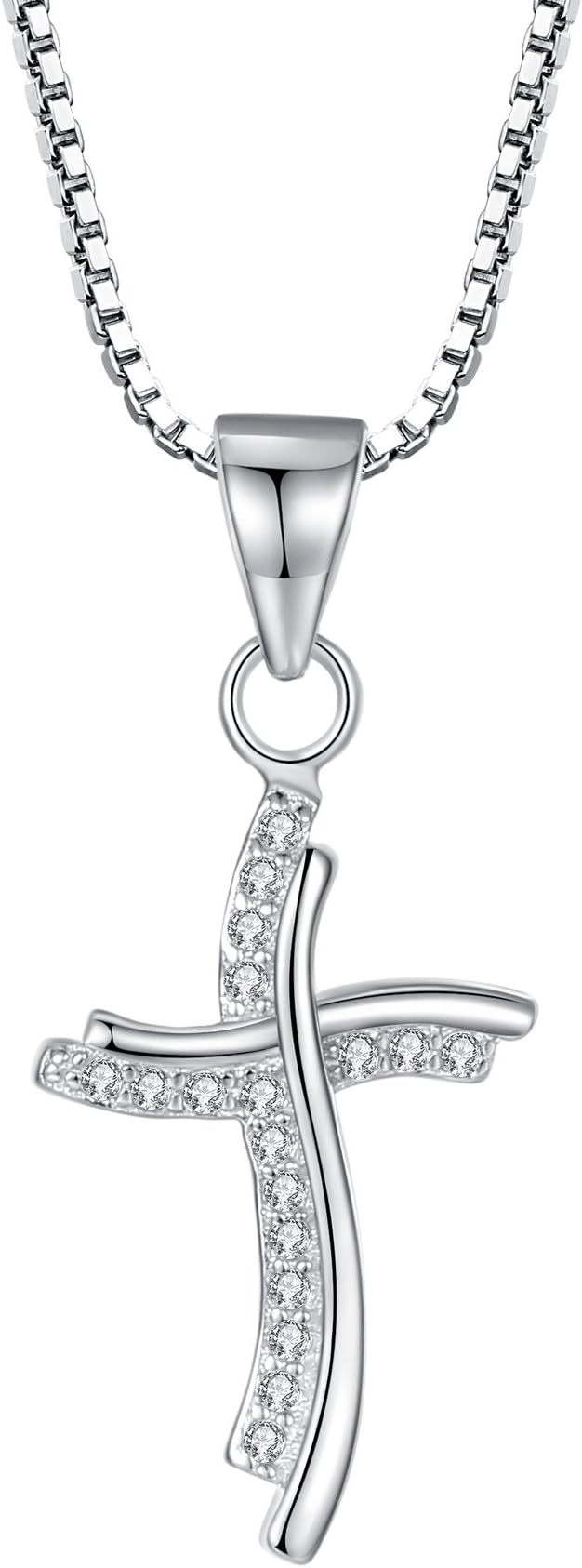 Sterling Silver Small Cross with Cubic Zirconia Pendant Necklace for Women and Girls, 46cm Box Chain - sy062n1
