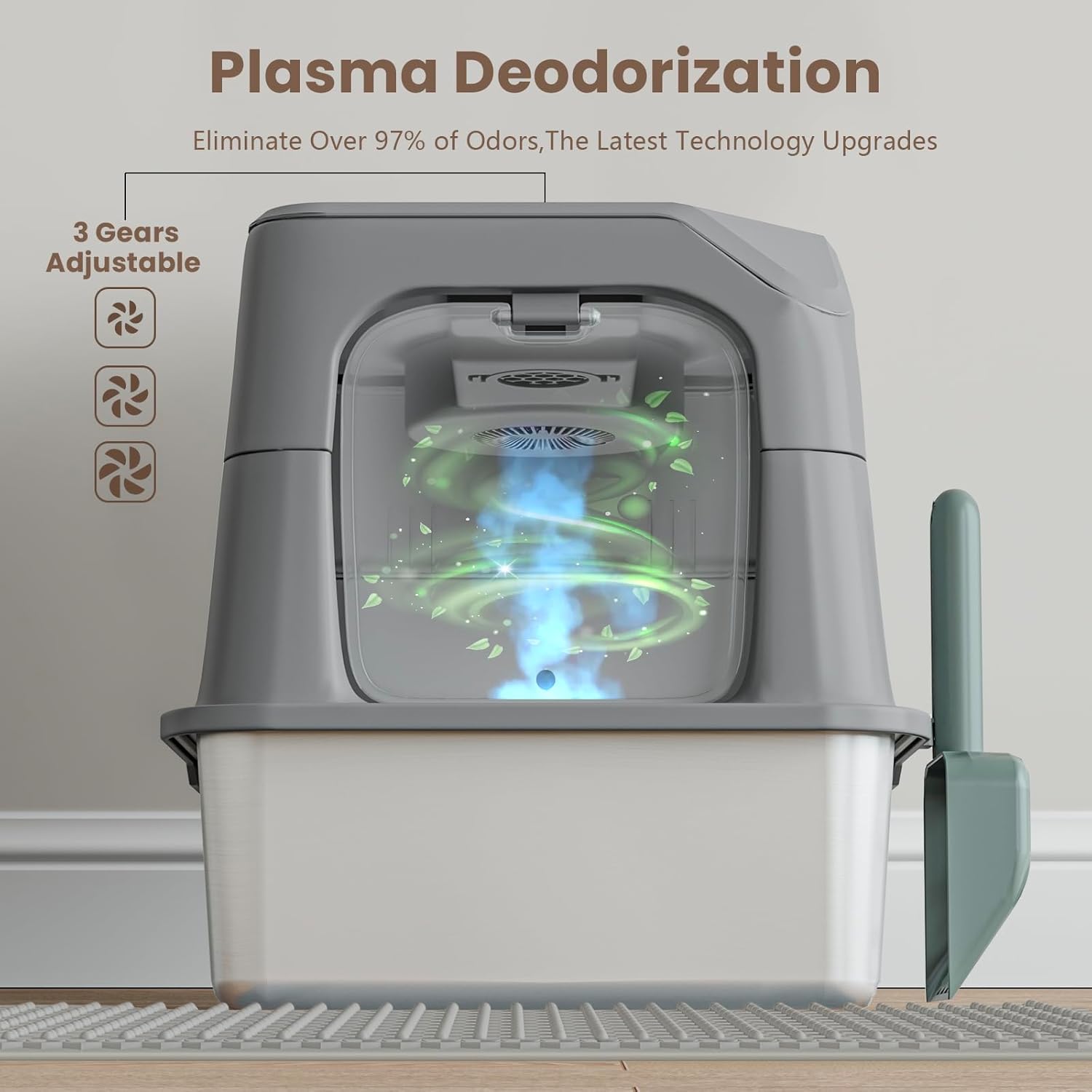 XL Stainless Steel Litter Box with Lid, Plasma Deodorizing Metal Litter Box with Infrared Sensor for Big Cats Extra Large Litter Tray Anti-Leak Easy to Clean Kitty Litter Pan for Multiple Cats