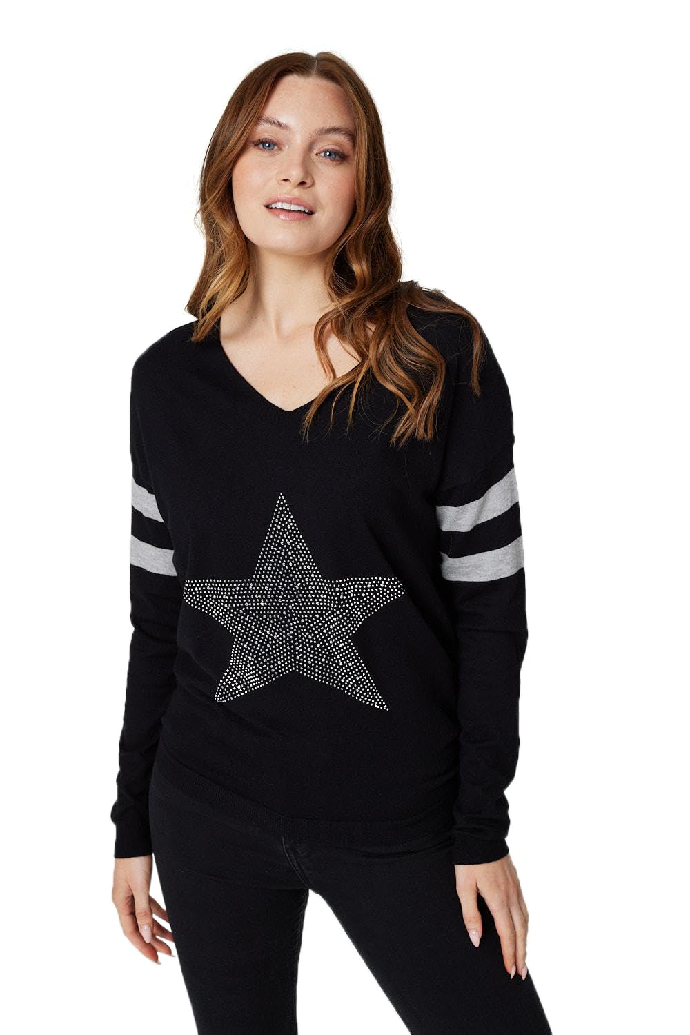 Izabel London Star Embellished Knit Jumper for Women UK with V-Neck, Long Sleeves and Hip Length fit.