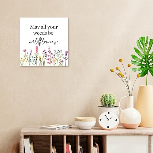 Miniatura 7 de z-crange Letrero de madera con texto en inglés May All Your Weeds Be Wildflowers para decoración de escritorio, caja de madera rústica positiva,