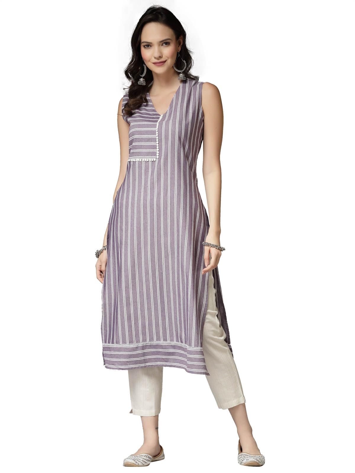 StylumWomen's Woven Striped Cotton Blend Straight Kurta