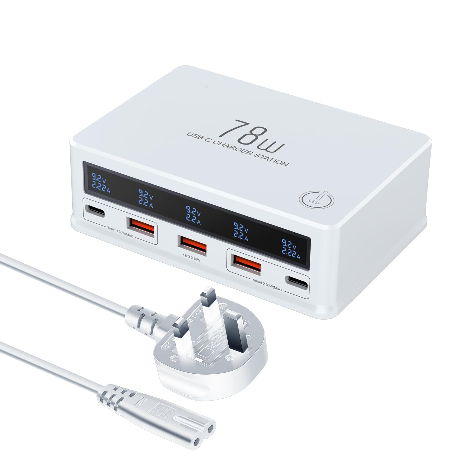 USB Charger 78W USB Multi Charging Station with LCD Display and 30W PD3.0 PPS QC4.0 QC3.0 Fast USBC Charger Plug UK for iPhone 16/15/14 plus/13/12 Pro max/11/SE,Galaxy S24/S23,Pixel 9 etc