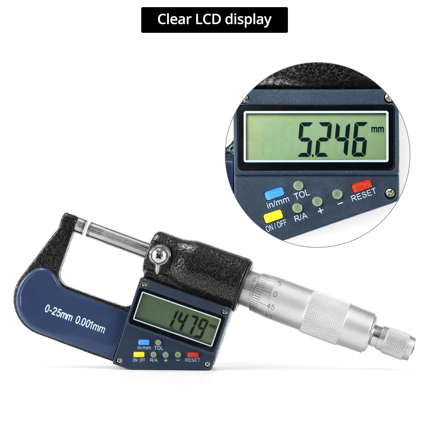 QWORK Micrómetro exterior digital con punta de carburo, rango de medición de 0 a 25 mm, alta precisión ± 0,002 mm, pantalla LCD
