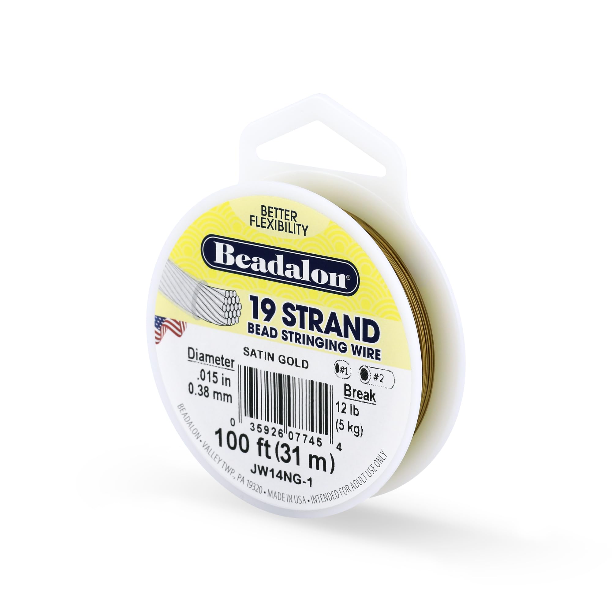 Beadalon 19-Strand Bead Stringing Wire, 0.015-Inch, Satin Gold, 100-Feet