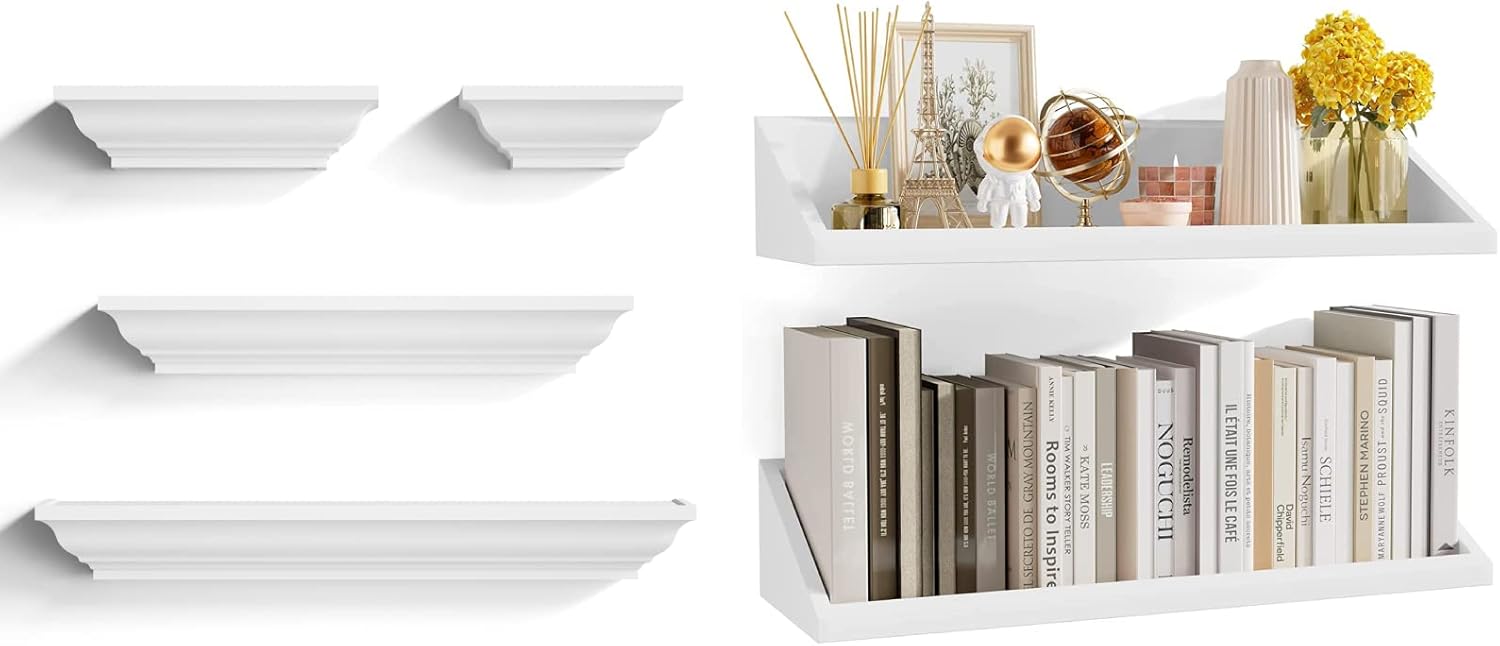 SRIWATANA White Floating Shelves, 24 Inch Solid Wood Wall Shelves, and White