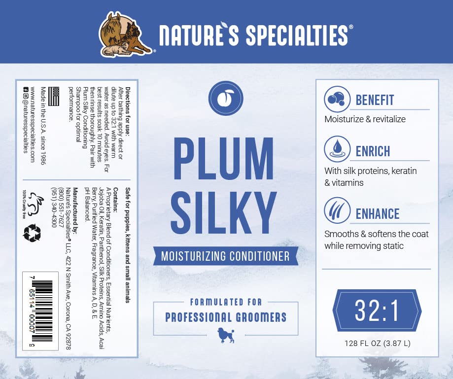 Image of Nature's Specialties Plum Silky Groomer Bundle, Ultra Concentrated Shampoo + Conditioner + Mixing Bottle, 1gal, Made in USA