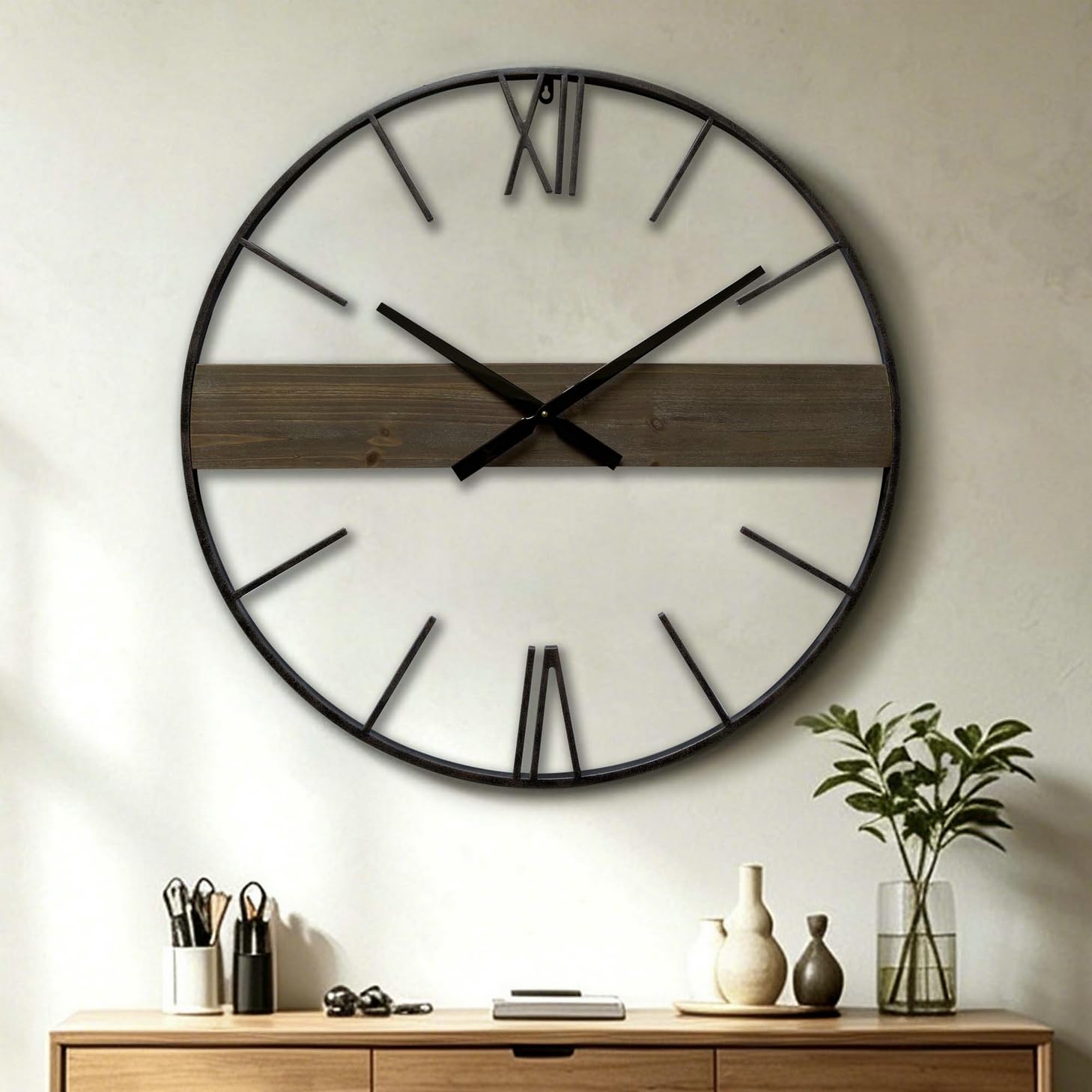 30-Inch Modern Rustic Wood and Metal Wall Clock
