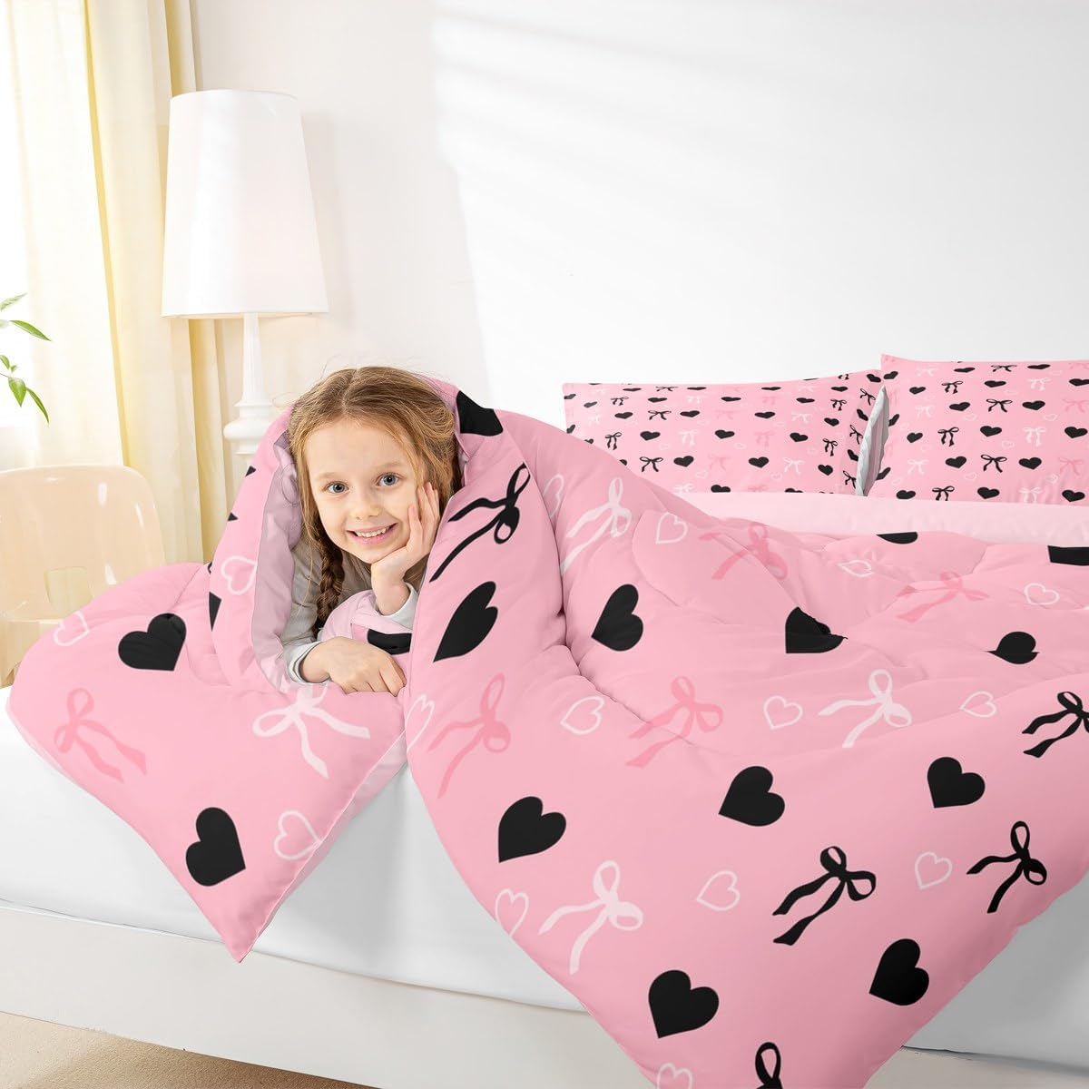 Feelyou Bow Tie Comforter Set Full Size Heart Love Bedding Set for Kids Boys Girls Decor Bow Duvet Quilt Pink Black White Romantic Bedroom Decor