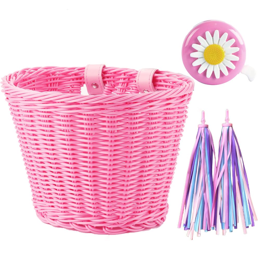 Bike Basket Kid Bicycle Basket Bike Accessories, 1pc Bicycle Bell with Stickers, 1pc Kid Bicycle Front Basket and 1pairs Colorful Ribbons Tassels Decoration for Girl Boy (Pink)