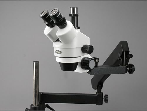 Miniatura 4 de AmScope SM-7TX-FRL Microscopio de zoom estéreo trinocular profesional, ocular WH10x, aumento de 3.5X-45X, objetivo de zoom 0.7X-4.5X, luz de anillo