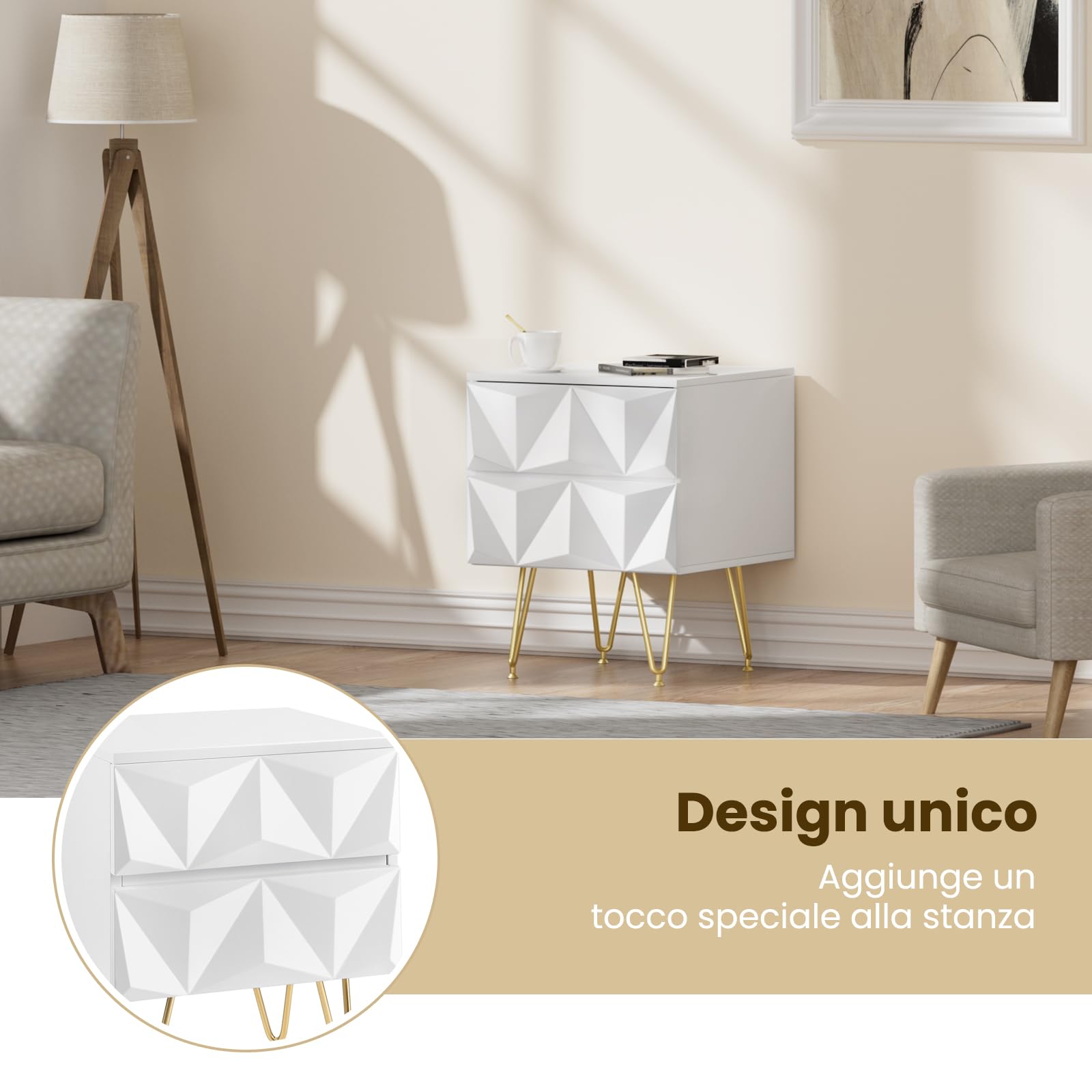 EUGAD Set di 2 Comodino per Camera da Letto, Comodino Bianco con 2 Cassetti e Gambe Dorate, 40x40x53cm, Tavolino da Salotto, Divano, Cameretta, Frontale in Rilievo, in Legno e Metallo, 0001CTG-2