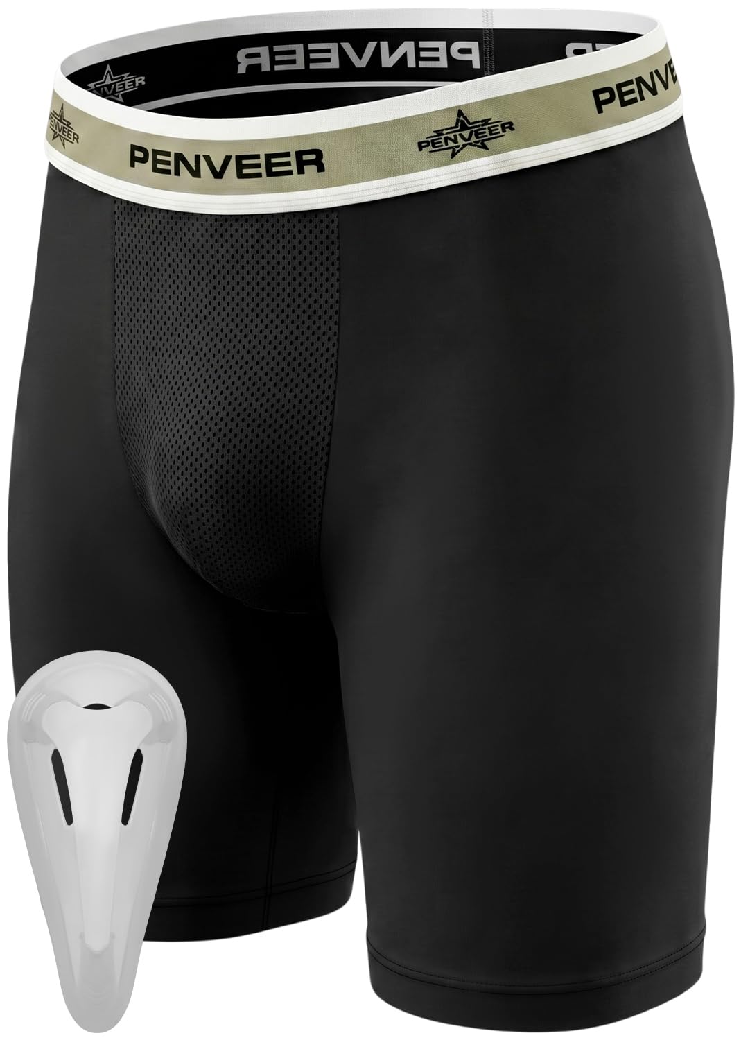 Penveer Youth Compression Shorts with Protective Cup - Youth Cup Underwear with Cup, Boys Compression Shorts, Black, M