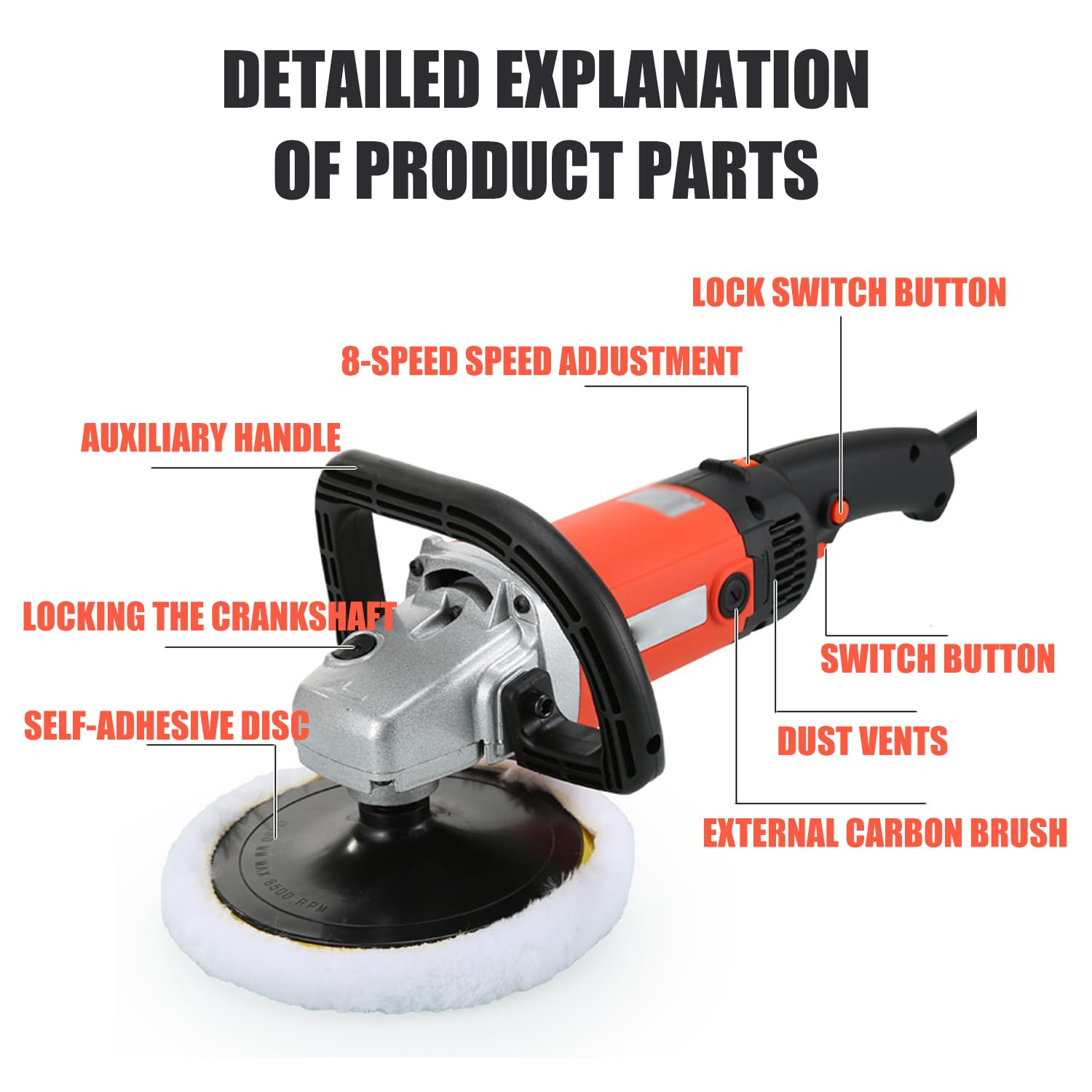 CKKNILV 27PCS Car Polishing Pad Kit, 1400W Multifunctional Polishing Machine, 8-Speed Variable Speed Control, with Carbon Brush/Soft Brush/Cleaning Cloth/Gloves/Handle/polishing