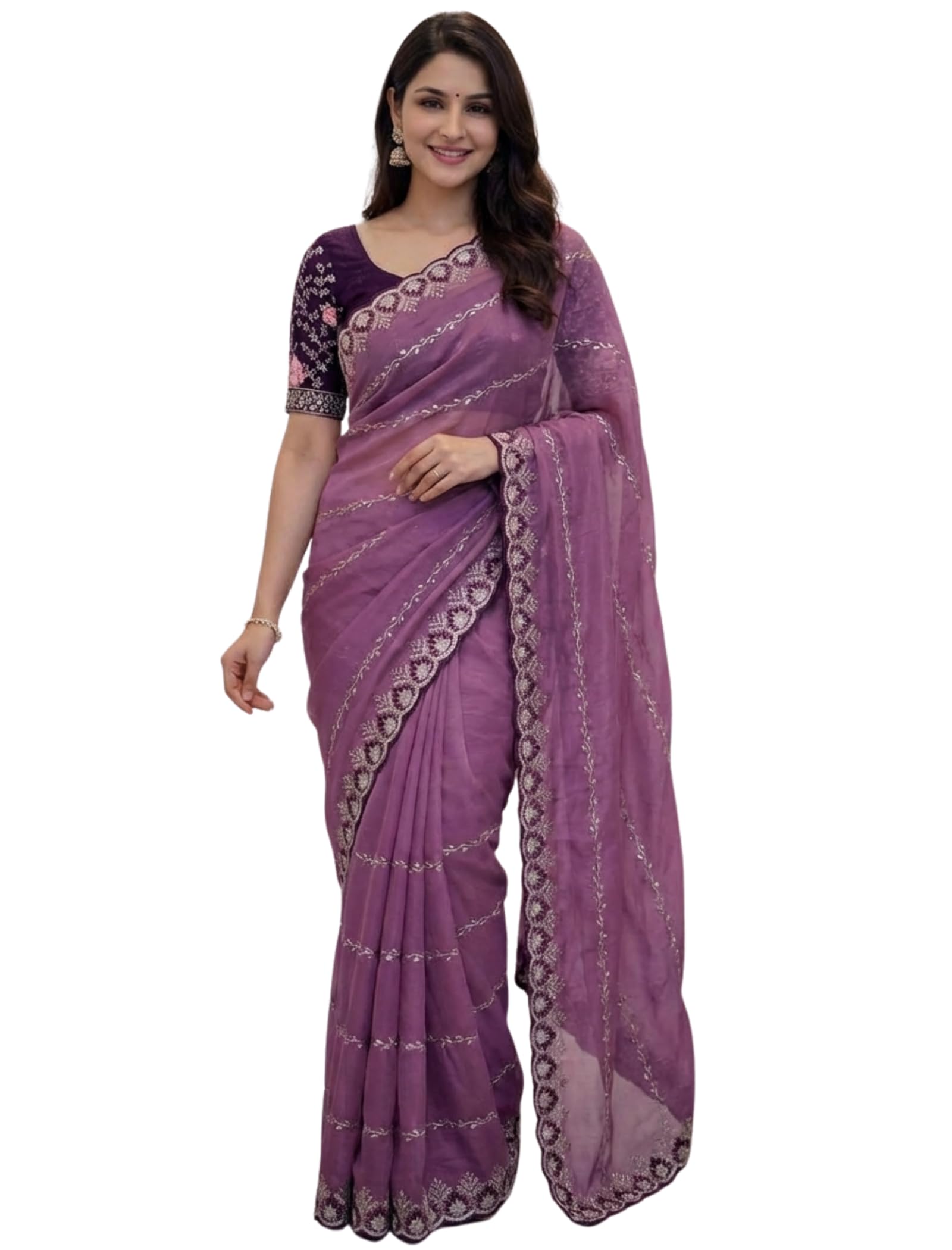 orhans Women's Georgette Ethnic Motifs Embroidered Georgette Heavy Work Saree | Heavy Work Wedding Saree | Pure Silk Sari | Fashionable Sarees-picture-17