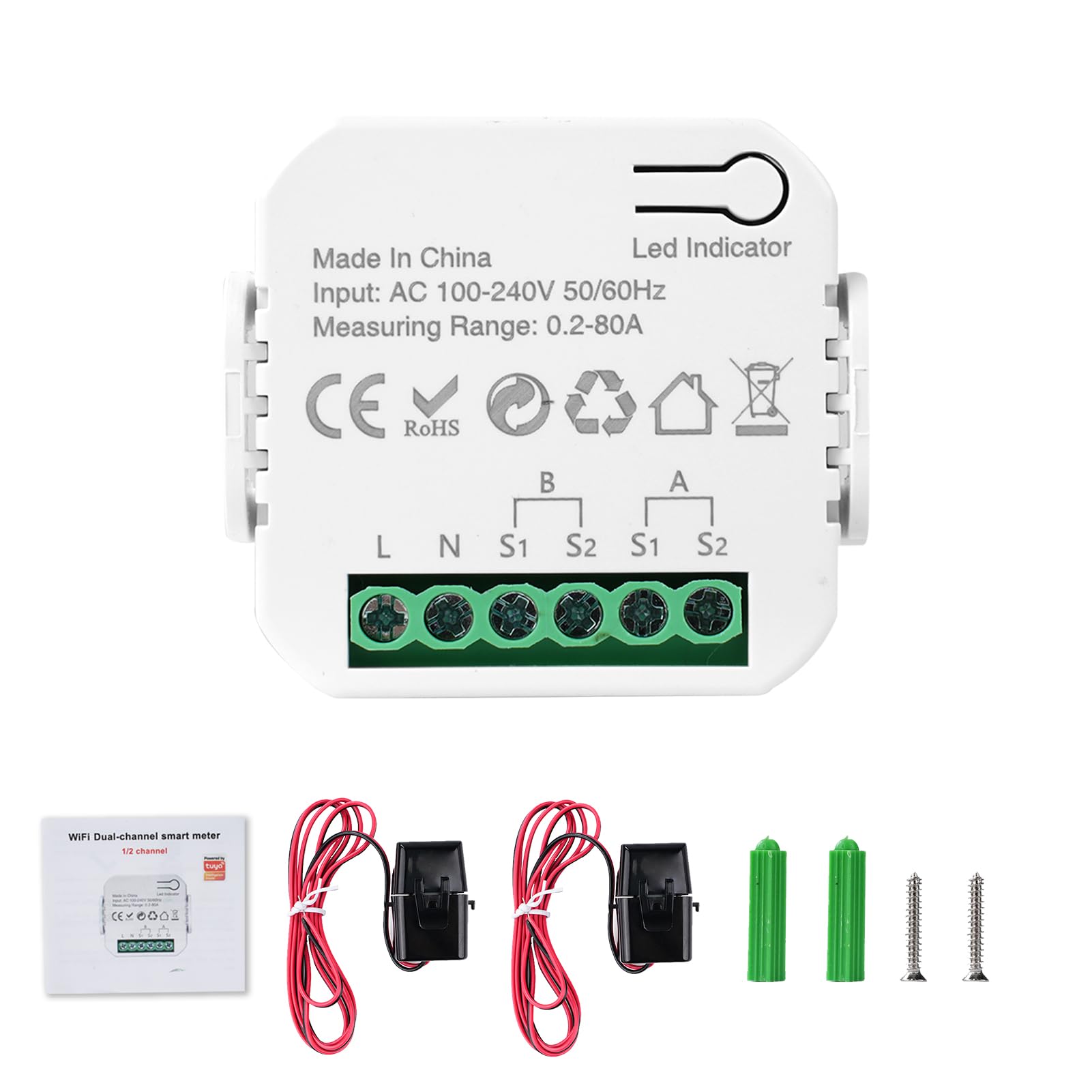 Jadeshay Compteur Electrique Connecté 80A Compteur Electrique Moniteur D'énergie Domestique Wi-FI Bidirectionnel avec 2 Pince Compatible avec Tuya Smart Life